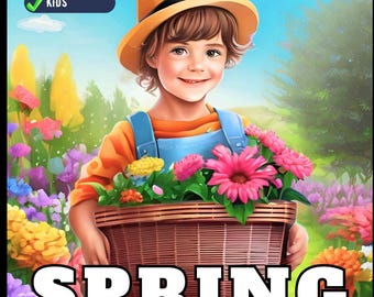 May include: A coloring book cover titled SPRING COLORING BOOK featuring an illustration of a child in a yellow hat and blue overalls holding a brown woven basket filled with pink and yellow flowers in a garden with the text 50 PAGES, UNIQUE, KIDS.