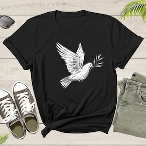 Flying White Dove Pigeon Bird with Olive Branch Peace Symbol T-Shirt Dove Lover Gift T Shirt for Men Women Kids Boys Girls Graphic Tshirt