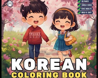 Cozy Korean Coloring Book for Adults Men Women Kids Young Boys Girls Teens 50 Pages Single Sided South Korean Culture Coloring Activity Book