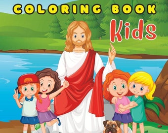 May include: A coloring book cover featuring a cartoon illustration of Jesus with four children and a dog. The title of the book is "BIBLE COLORING BOOK Kids". The cover also includes the text "50 PAGES", "EASY DESIGN", "UNIQUE PAGES", and "KIDS".