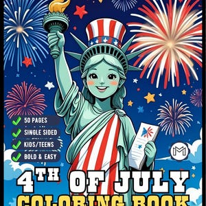 4th of July Independence Day Coloring Book Gift for Kids Boys Girls Young Teens 50 Pages Single Sided 4th of July Coloring Activity Sheets