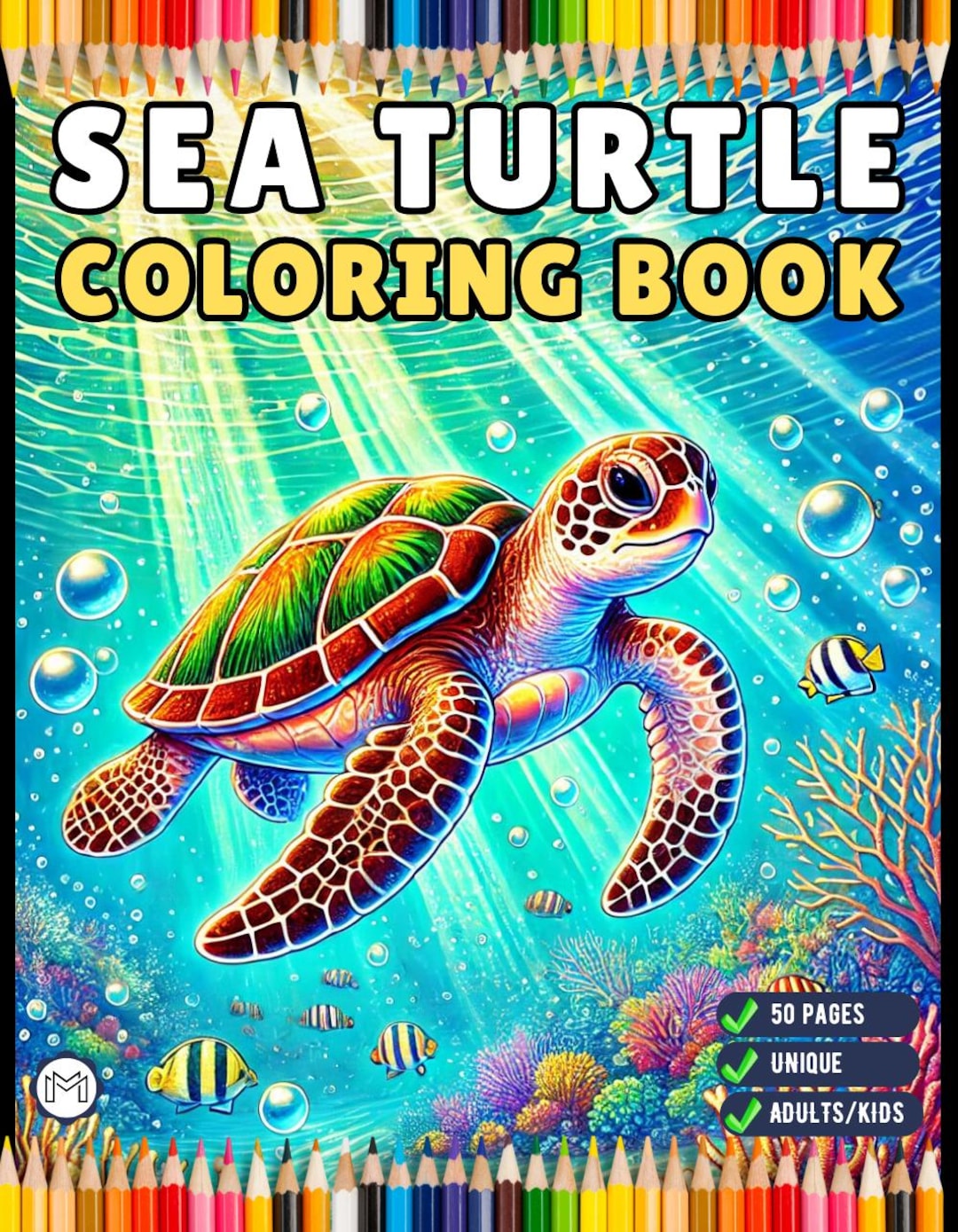 50 Pages Cute Sea Turtle Coloring Book Gift for Adults Kids Men Women ...