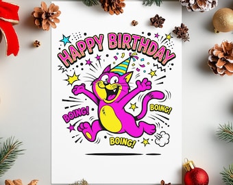 Cute Funny Cat Digital Birthday Card for Adults Kids Boys Girls Husband Wife Son Daughter Kitten Animal Lover 5x7 in Happy Birthday Gift