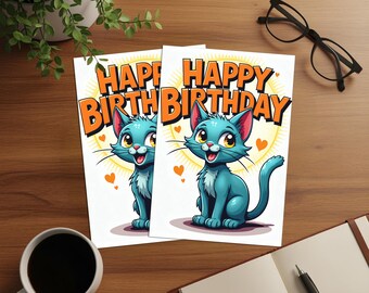 Cute Funny Cat Digital Birthday Card for Adults Kids Boys Girls Husband Wife Son Daughter Kitten Animal Lover 5x7 in Happy Birthday Gift