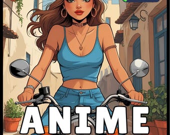 May include: A coloring book cover featuring an anime-style illustration of a woman on a motorcycle. The woman wears a helmet and blue tank top. The book title, "ANIME BIKER GIRLS COLORING BOOK," is displayed in large, colorful letters. Includes 50 pages, single-sided pages, for kids and adults.