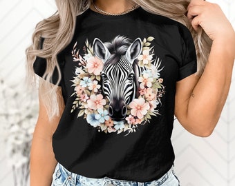 Stripped Pattern Zebra Horse Floral Print Gift Adult Women T-Shirt Cool Zebra Print Design Birthday Holiday Presents Tshirt