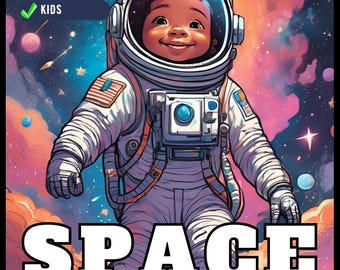 May include: A coloring book cover featuring a young astronaut in a white spacesuit with a blue and red American flag patch on the arm. The astronaut is standing in front of a colorful galaxy background with stars and planets. The title "SPACE COLORING BOOK" is written in large white letters at the bottom of the cover. The cover also includes a checklist with the text "50 PAGES", "UNIQUE", and "KIDS".