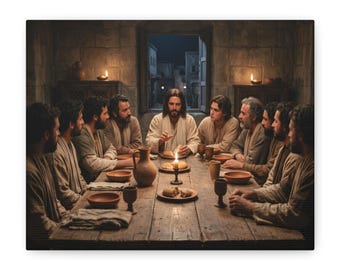 May include: A canvas print depicting a scene of The Last Supper. The image shows a long wooden table with a central candle, bread, and wine cups. Twelve figures are seated around the table in a dimly lit room with a window in the background.