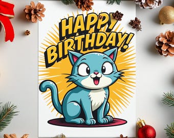 Cute Funny Cat Digital Birthday Card for Adults Kids Boys Girls Husband Wife Son Daughter Kitten Animal Lover 5x7 in Happy Birthday Gift