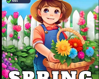 May include: A coloring book cover titled SPRING COLORING BOOK featuring a cartoon child in a straw hat and blue overalls holding a basket of colorful flowers. The text 50 PAGES, UNIQUE, and KIDS is visible. The background shows a white fence.