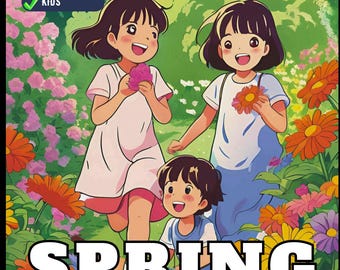 May include: A Spring Coloring Book featuring an illustration of three children in a vibrant flower garden. The cover includes text stating 50 PAGES, UNIQUE, and KIDS, with a border of colored pencils at the top and bottom of the page.