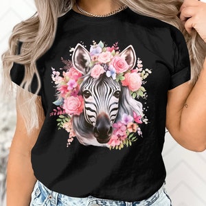 Stripped Pattern Zebra Horse Floral Print Gift Adult Women T-Shirt Cool Zebra Print Design Birthday Holiday Presents Tshirt