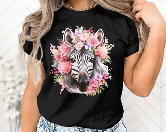 Stripped Pattern Zebra Horse Floral Print Gift Adult Women T-Shirt Cool Zebra Print Design Birthday Holiday Presents Tshirt