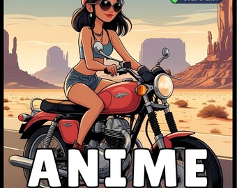 May include: A coloring book cover featuring an anime-style illustration of a woman riding a red motorcycle. The text "ANIME BIKER GIRLS COLORING BOOK" is prominently displayed. Additional text indicates 50 pages, single-sided pages, suitable for kids and adults, and bold and easy designs.