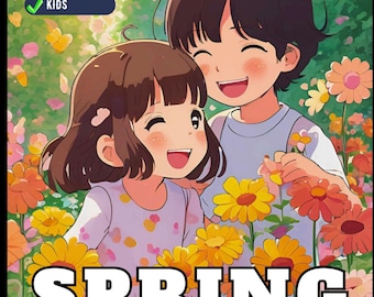 May include: A coloring book cover titled SPRING COLORING BOOK featuring an illustration of two children smiling in a field of yellow and orange flowers. The cover includes text boxes stating 50 PAGES, UNIQUE, and KIDS, with a border of colored pencils.