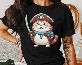 May include: Black t-shirt with a cartoon illustration of a cat wearing a pirate hat and holding a sword. The cat has orange and white fur and blue eyes. The text "Yo Ho Ho" is printed on the shirt.