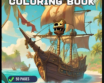 May include: A coloring book featuring a pirate ship sailing on the ocean. The book has 50 pages and is suitable for both adults and kids. The cover features a colorful illustration of a pirate ship with a skull and crossbones.