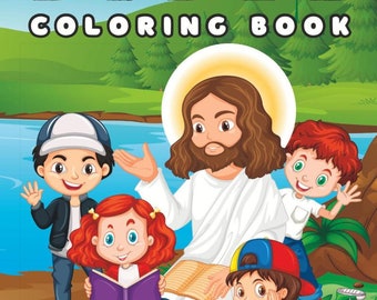 May include: A coloring book cover featuring a colorful illustration of Jesus with four children. The title of the book is "BIBLE COLORING BOOK" and the cover includes the text "50 PAGES", "EASY DESIGN", "UNIQUE PAGES", and "ADULTS/KIDS".