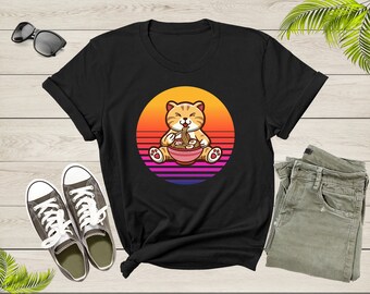 Retro Sunset Cute Cat Eating Ramen Noodles Gift Kitten Print T-shirt Japanese Ramen Noodle Foodie Shirt Ramen Lover Gift Noodle Lover Gift