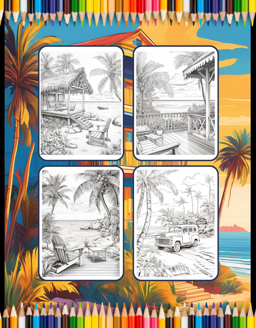 50 Pages Tropical Beach Homes Coloring Book Birthday Holiday Gift for ...