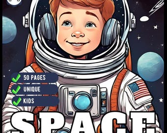 May include: A coloring book cover featuring a cartoon astronaut child wearing a helmet and spacesuit. The background is a dark blue space scene with stars and planets. The title of the book is "SPACE COLORING BOOK".