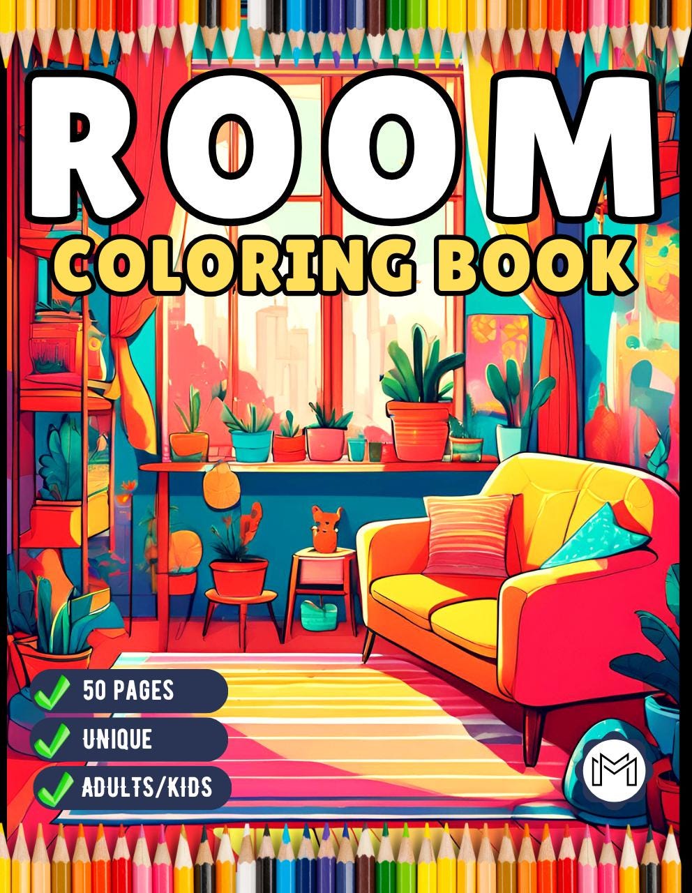 50-Page Interior Design Coloring Book – Cute Cozy Rooms for Adults & Kids, Stress Relief Gift