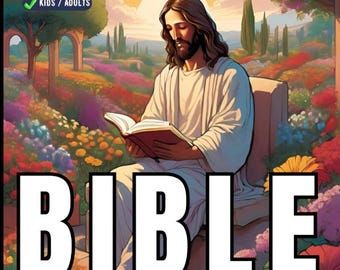 May include: A coloring book with a colorful cover featuring a man reading a book in a garden setting. The title of the book is "BIBLE COLORING BOOK".