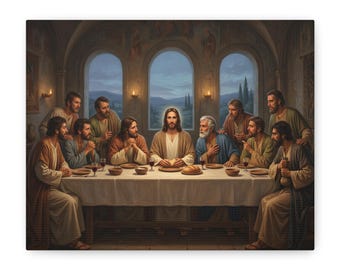 May include: A canvas print of the Last Supper, depicting Jesus and his disciples at a table. The artwork features a warm color palette with figures in robes, set in a room with arched windows overlooking a landscape. Candles and food are on the table.