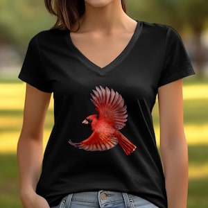 Cute Flying Northern Red Cardinal Bird Redbird Wings V-Neck T-Shirt Cardinal Bird Lover Gift for Men Women Boys Girls Graphic V-Neck Tshirt