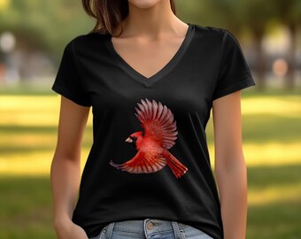 Cute Flying Northern Red Cardinal Bird Redbird Wings V-Neck T-Shirt Cardinal Bird Lover Gift for Men Women Boys Girls Graphic V-Neck Tshirt