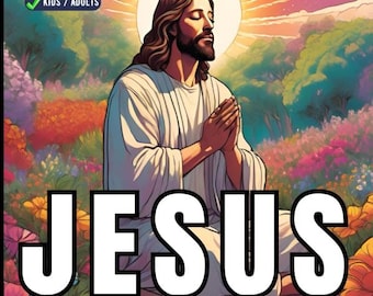 May include: A coloring book featuring a detailed illustration of Jesus praying with a bright yellow background and the text "JESUS COLORING BOOK".