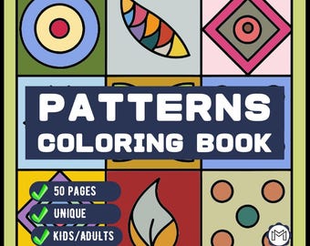 May include: A coloring book cover with the title "PATTERNS COLORING BOOK" in bold blue letters. The cover features colorful geometric patterns, including a circle, leaf, and diamond. The book has 50 pages and is suitable for both kids and adults.