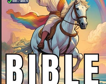 May include: A coloring book cover featuring a colorful illustration of Jesus riding a white horse with a rainbow in the background. The title "BIBLE COLORING BOOK" is written in large, white letters. The cover also includes a checklist of features: 50 pages, unique, kids/adults.