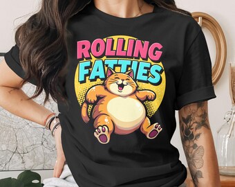 Rolling Fatties Cute Funny Fat Cat Design T-Shirt for Men Women Kids Sarcastic Cat Kitten Kitty Pet Owner T Shirt Birthday Gift
