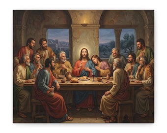 May include: A canvas print of a religious painting depicting the Last Supper. The artwork features Jesus and his disciples seated around a wooden table, with a candle and window in the background. The figures are dressed in robes.