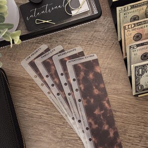 May include: An assortment of financial planning items on a wooden surface. Features a black wallet, cash, and dividers with labels such as "Low Priority" and "Family Life." The dividers have a tortoise-shell pattern. A black card with the word "intentional" is also visible.