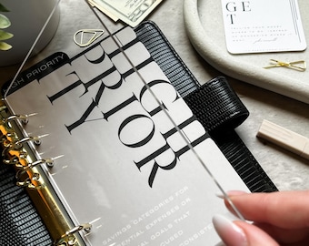 Può includere: Un'agenda nera con dettagli dorati, aperta su una pagina con la parola "PRIOR" a lettere grandi e in grassetto. È visibile anche un vassoio con una carta "BUDGET", contanti e una piccola pianta.