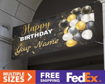 Vinyl Banner CUSTOMIZABLE Name - Personalized Happy Birthday Banner - Gold & Black Banner  or Pink Party Banner