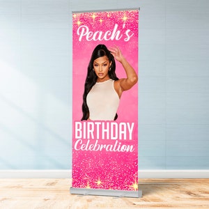 Rosa Geburtstagsbanner, Party einziehbar, Pop-up-Banner, Roll-up-Banner.