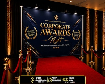 May include: A large rectangular backdrop for a corporate awards night featuring a dark blue background with gold text that reads Corporate Awards Night, Excellence, Innovation, Impact, and Recognizing Excellence, Inspiring the Future.