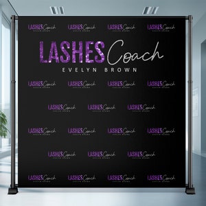 May include: Black backdrop with the text "LASHES Coach EVELYN BROWN" in purple glitter letters. The text is repeated in smaller font throughout the backdrop.