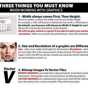 May include: A graphic design guide with three tips for working with graphics. The first tip is about width and height, the second is about size and resolution, and the third is about bitmap and vector images. The graphic includes examples of a banner, a woman's face, and a letter V.