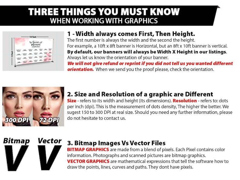 May include: A graphic design guide with three tips for working with graphics. The first tip is about width and height, the second is about size and resolution, and the third is about bitmap and vector images. The graphic includes examples of a banner, a woman's face, and a letter V.