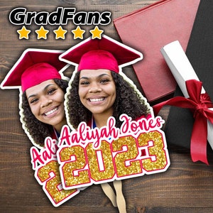 Abanicos de graduación, GradFans, Cabeza en un palo, Abanicos de cara personalizados con asas, Abanicos de mano, Abanicos de graduación personalizados