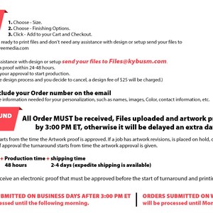 May include: Red and white graphic with the text "How to Order" and instructions for ordering custom products. The graphic also includes information about turnaround time and deadlines for orders.