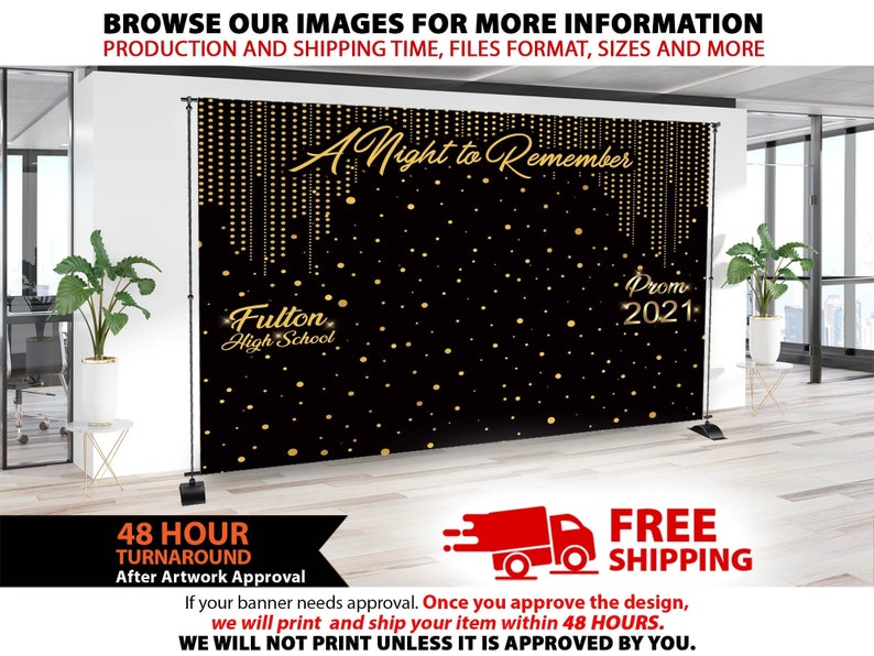 May include: A black backdrop with gold glitter and text that reads "A Night to Remember", "Fulton High School", and "Prom 2021".