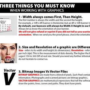 May include: A graphic design guide with three tips for working with graphics. The first tip is about width and height, the second is about size and resolution, and the third is about bitmap and vector images. The graphic includes examples of a banner, a woman's face, and a letter V.
