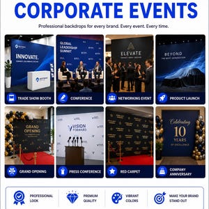 Może przedstawiać: Grafika promocyjna teł na wydarzenia firmowe przedstawiająca osiem r&oacute;żnych scenariuszy, w tym targi, konferencje i jubileusze. Układ zawiera nagł&oacute;wki tekstowe, opisy dla każdej sceny oraz ikony podkreślające profesjonalną jakość wykonania.