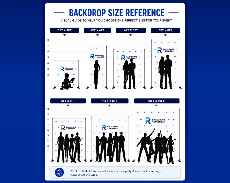 Może przedstawiać: Biała tabela informacyjna zatytułowana BACKDROP SIZE REFERENCE przedstawiająca r&oacute;żne wymiary baner&oacute;w od 5ft x 4ft do 10ft x 10ft. Tabela zawiera czarne sylwetki ludzi, aby zilustrować skalę w odniesieniu do pionowych znacznik&oacute;w wysokości.