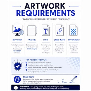Może przedstawiać: Grafika informacyjna zatytułowana ARTWORK REQUIREMENTS z niebieskim tekstem na białym tle. Zawiera wytyczne dotyczące rozdzielczości, rozmiaru końcowego, czcionek, powiązanych obraz&oacute;w i przezroczystości oraz wskaz&oacute;wki i dane kontaktowe.